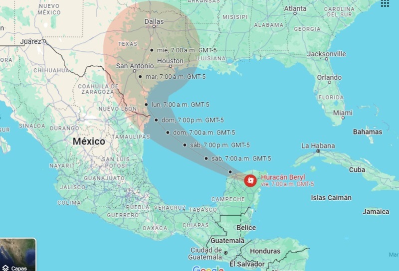 Hurricane Beryl in the Yucatan Peninsula: Weaker